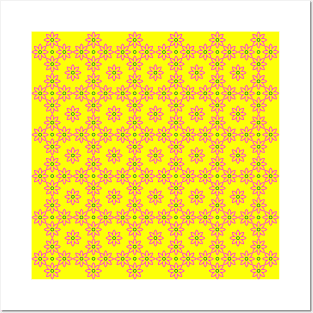 Pink flowers on yellow background pattern, version 18 Posters and Art